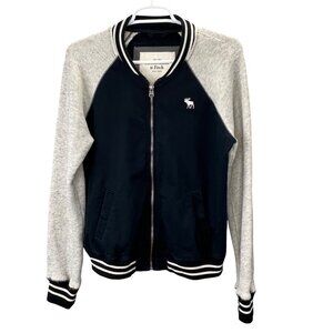 Abercrombie & Fitch Varsity Jacket M Blue Gray Full Zip Pockets Cotton Knit
